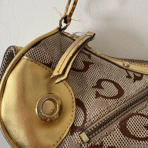 Guess Gold and Brown Logo Shoulder Bag - Picture 2 of 5
